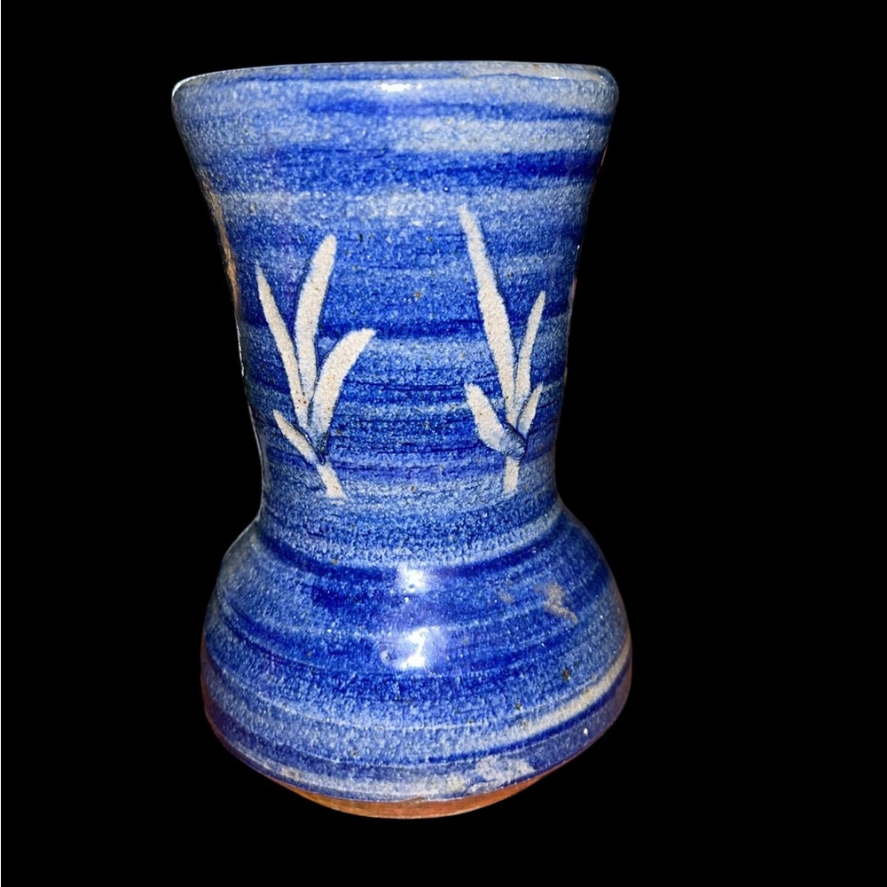 Stone Handcrafted And Painted Blue Vase, Signed By Artist